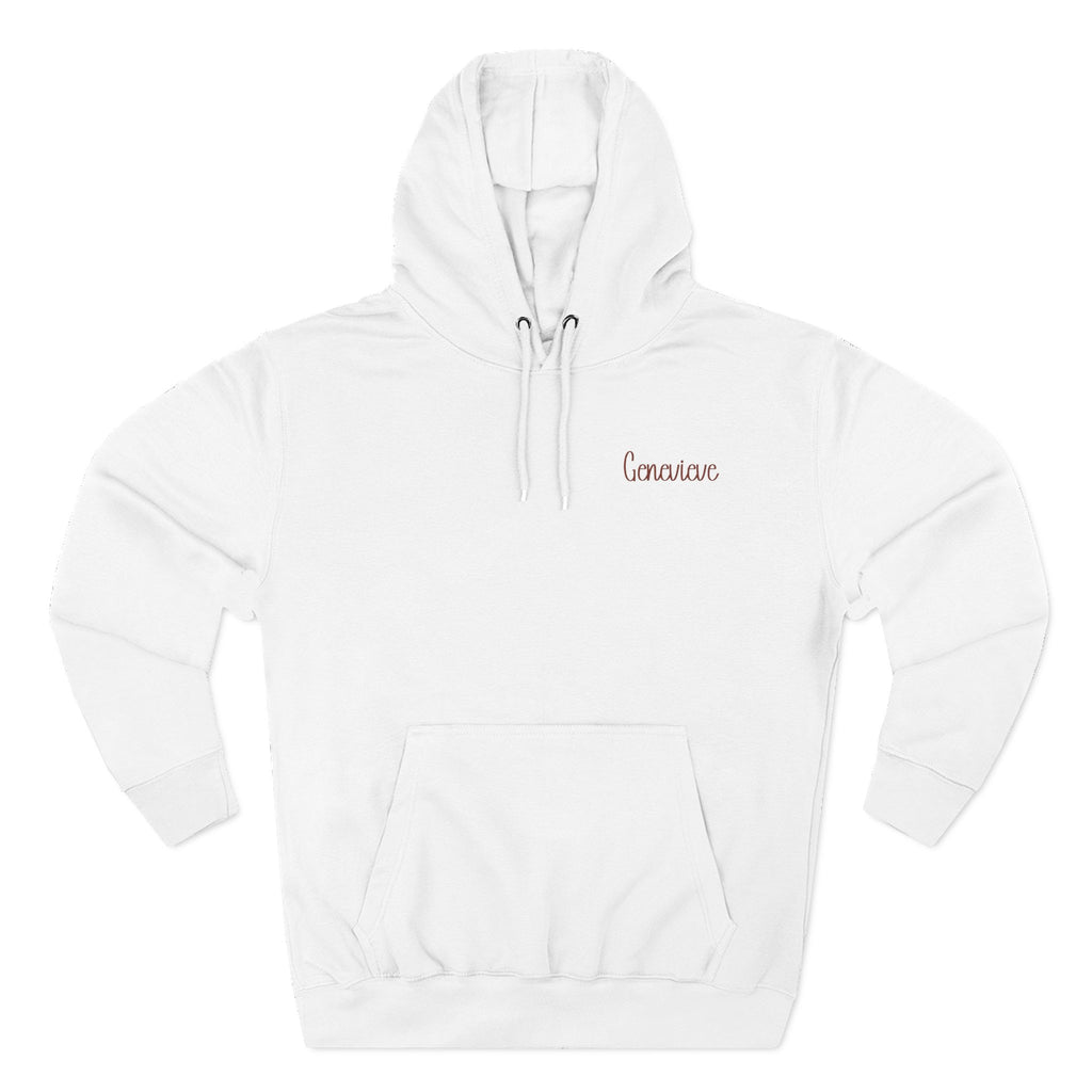 Front view of white hoodie with customizable name embroidered on the chest