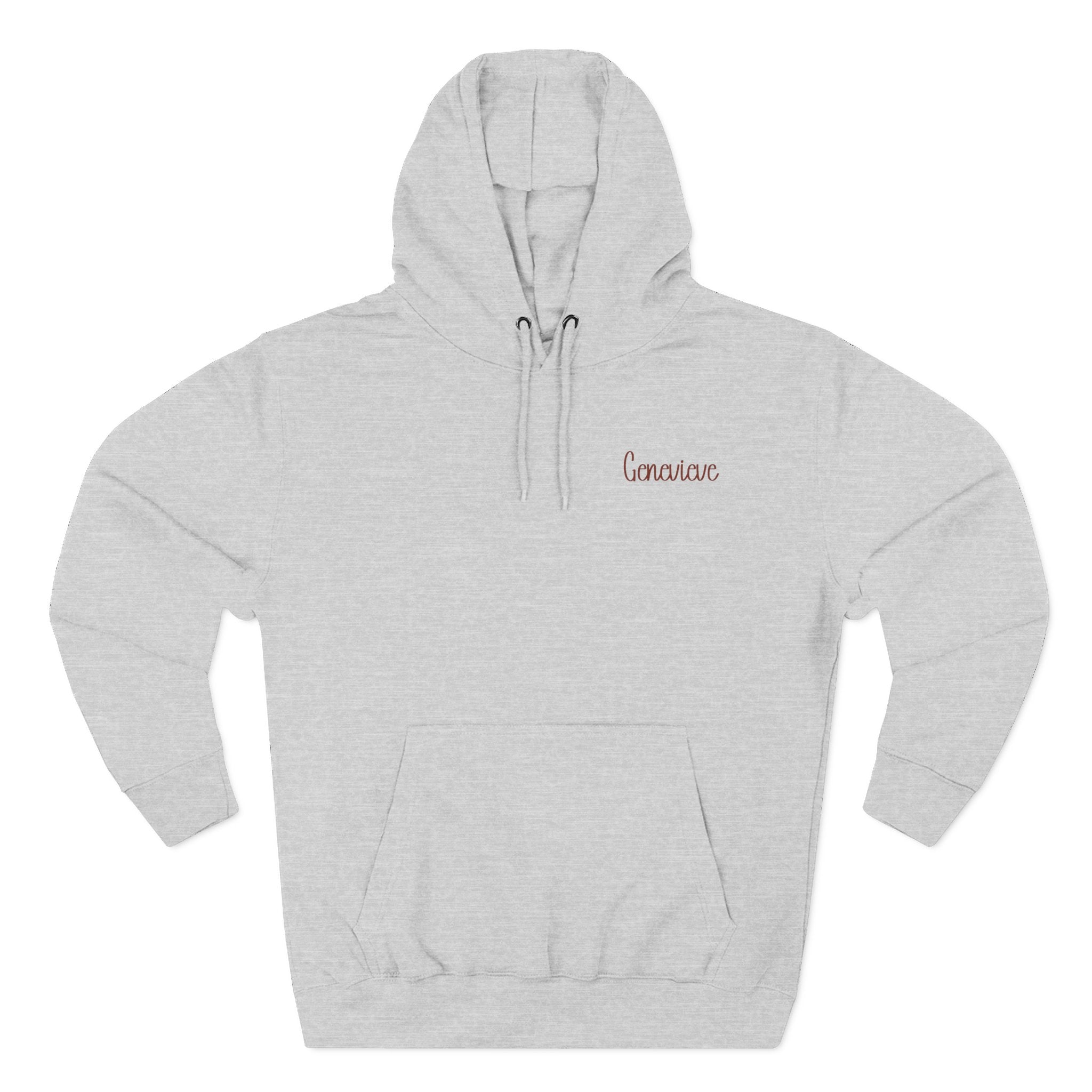 Front view of heather grey hoodie with customizable name embroidered on the chest