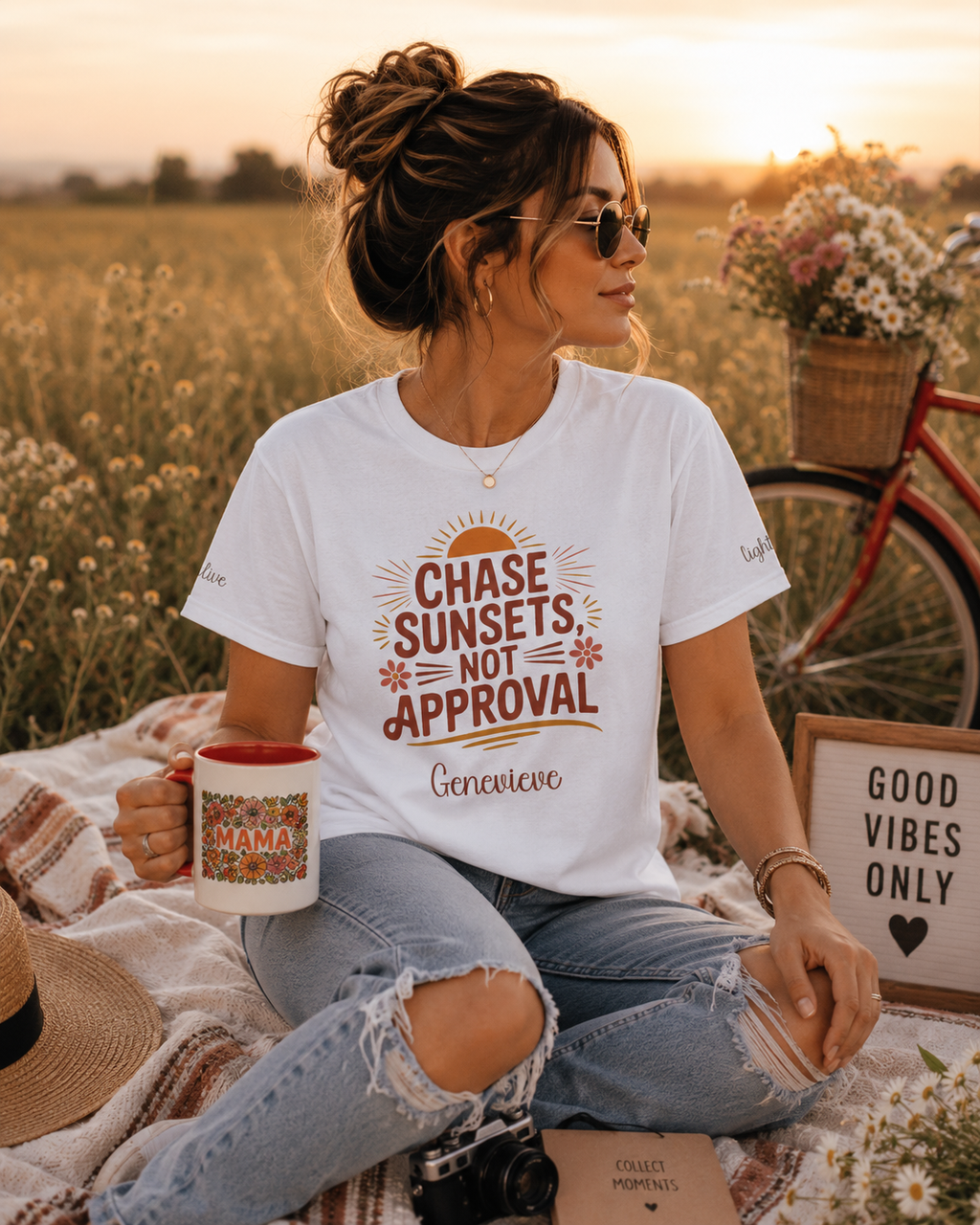 Chase Sunsets t-shirt shown in a lifestyle setting