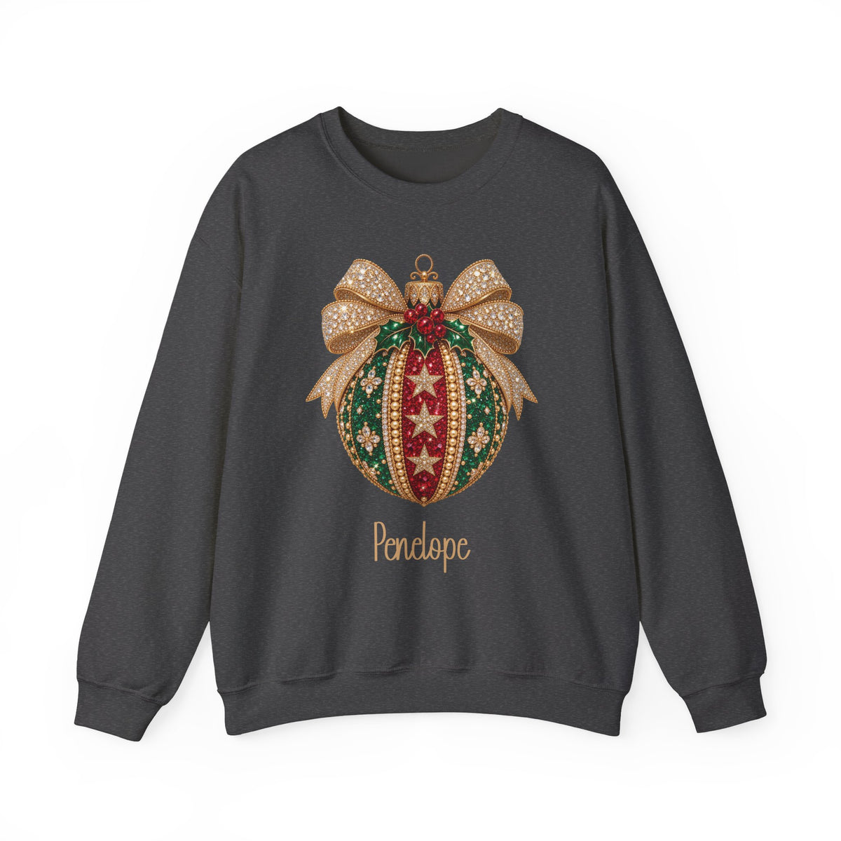 Dark Heather personalized Christmas Bauble Gold Bow sweatshirt, front view