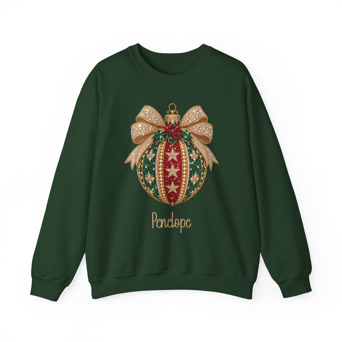 Forest Green personalized Christmas Bauble Gold Bow sweatshirt, front view
