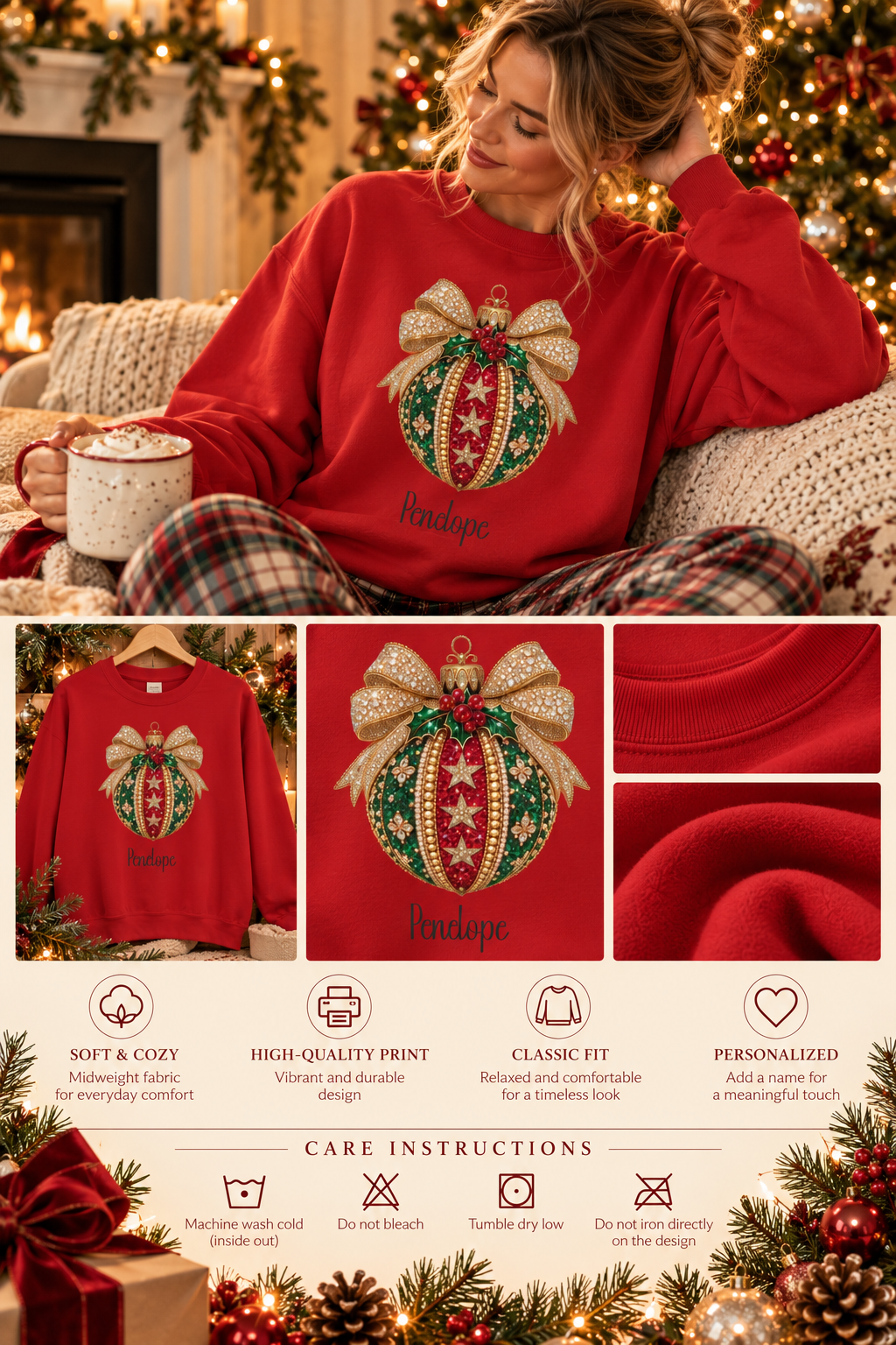 Personalized Christmas Bauble Gold Bow sweatshirt infographic with features, gift details and care instructions