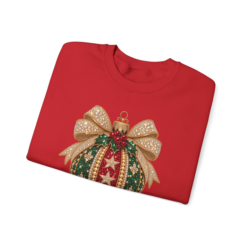 Red personalized Christmas Bauble Gold Bow sweatshirt, folded