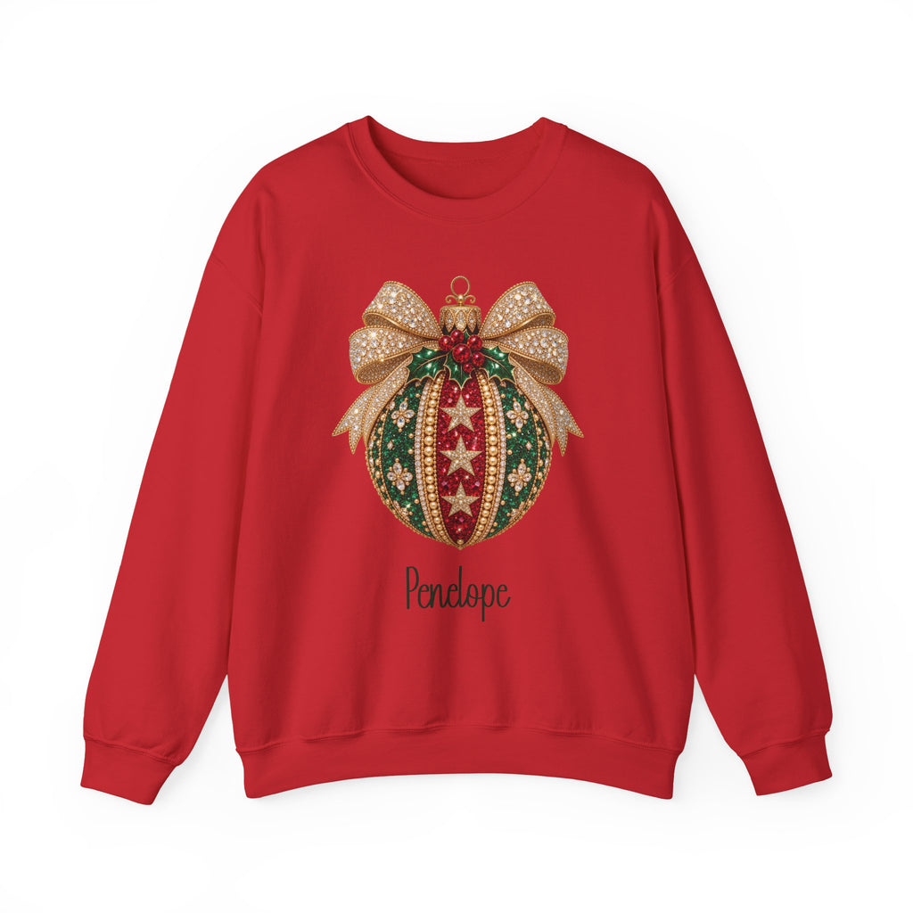 Red personalized Christmas Bauble Gold Bow sweatshirt, front view
