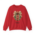 Red personalized Christmas Bauble Gold Bow sweatshirt, front view