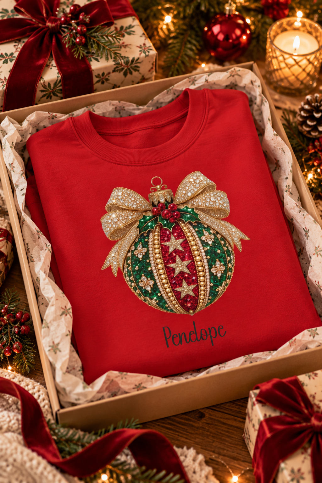 Red personalized Christmas Bauble Gold Bow sweatshirt, in a Christmas gift box, lifestyle photo