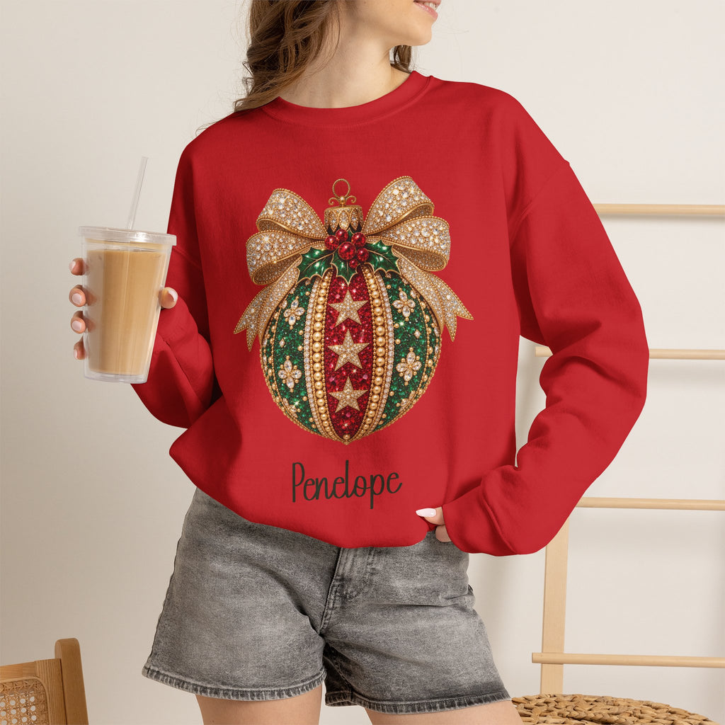Red personalized Christmas Bauble Gold Bow sweatshirt, worn by model