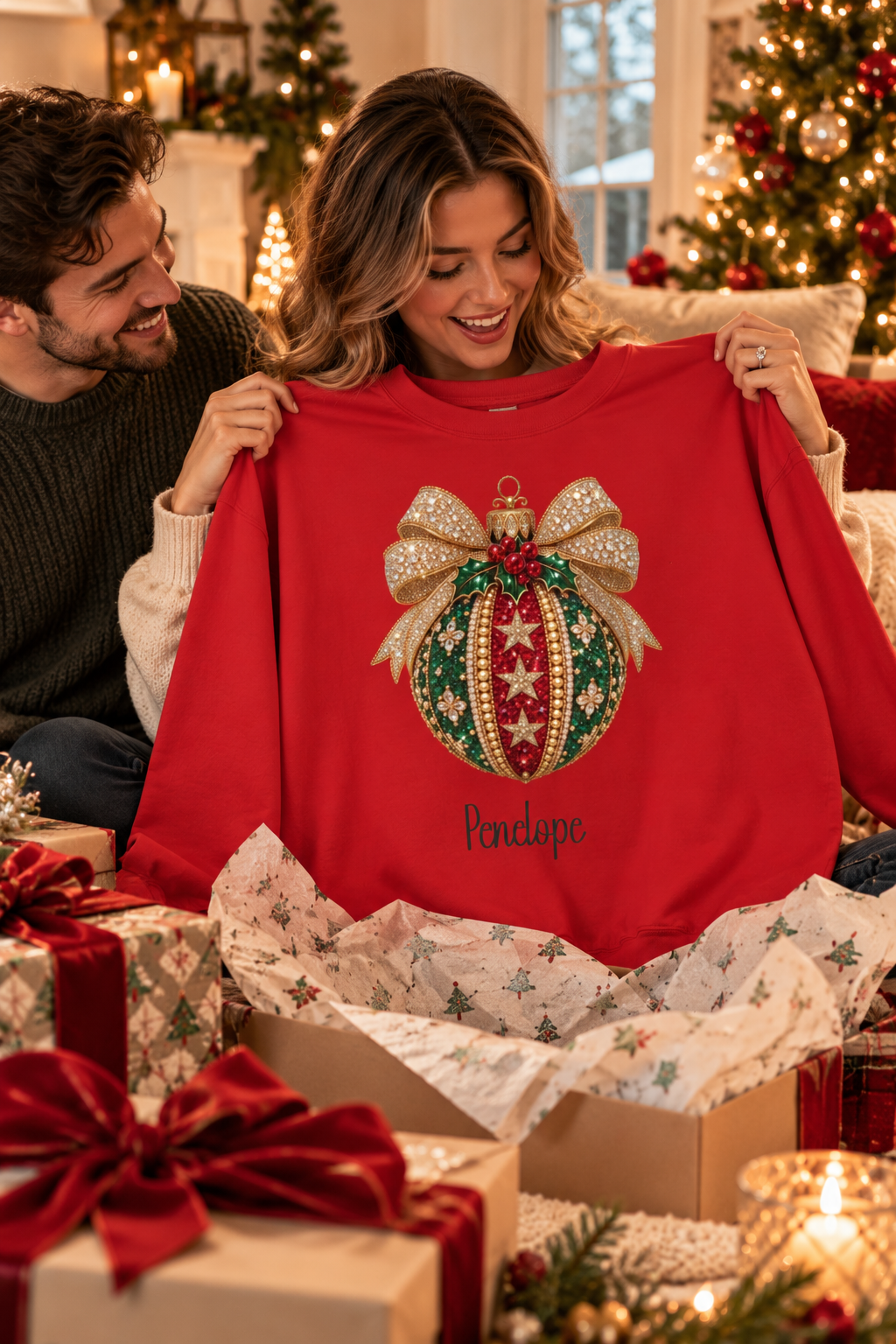 Red personalized Christmas Bauble Gold Bow sweatshirt, couple unwrapping it as a Christmas gift, lifestyle photo