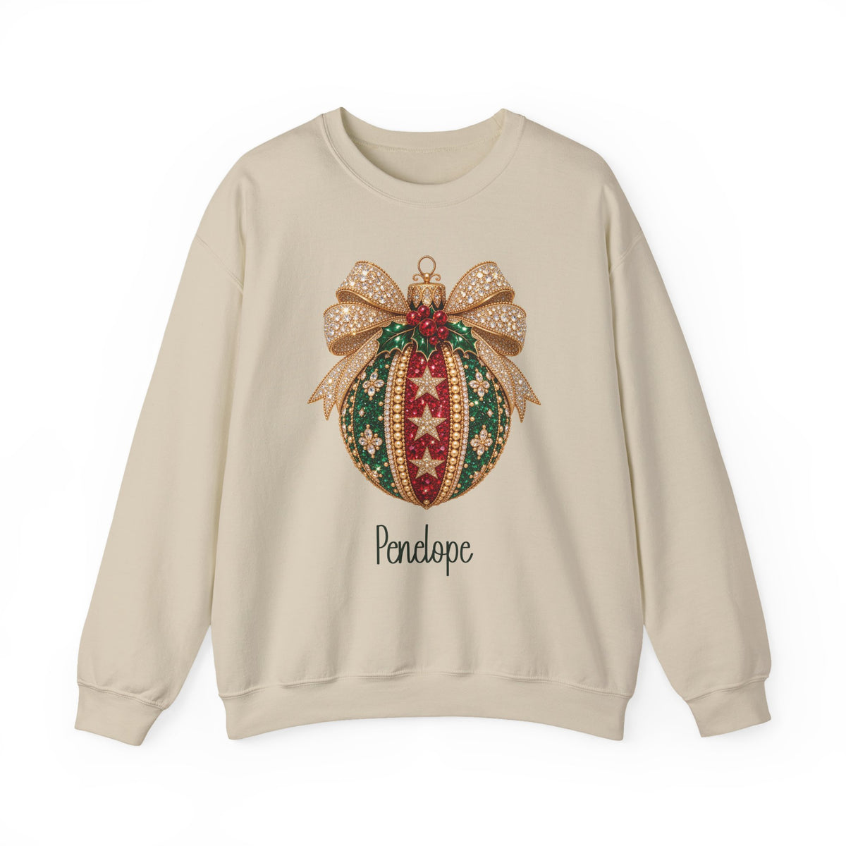 Sand personalized Christmas Bauble Gold Bow sweatshirt, front view