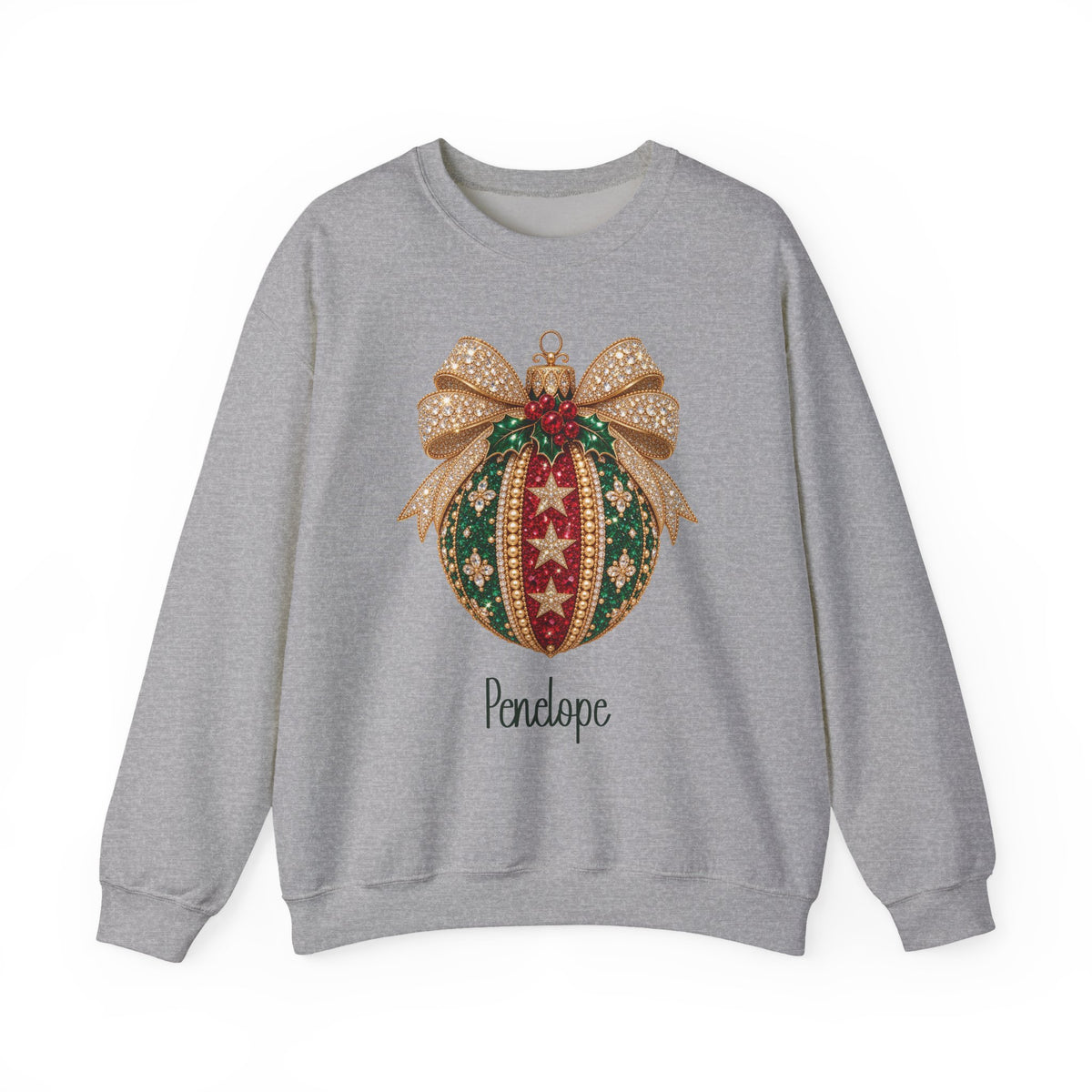 Sport Grey personalized Christmas Bauble Gold Bow sweatshirt, front view