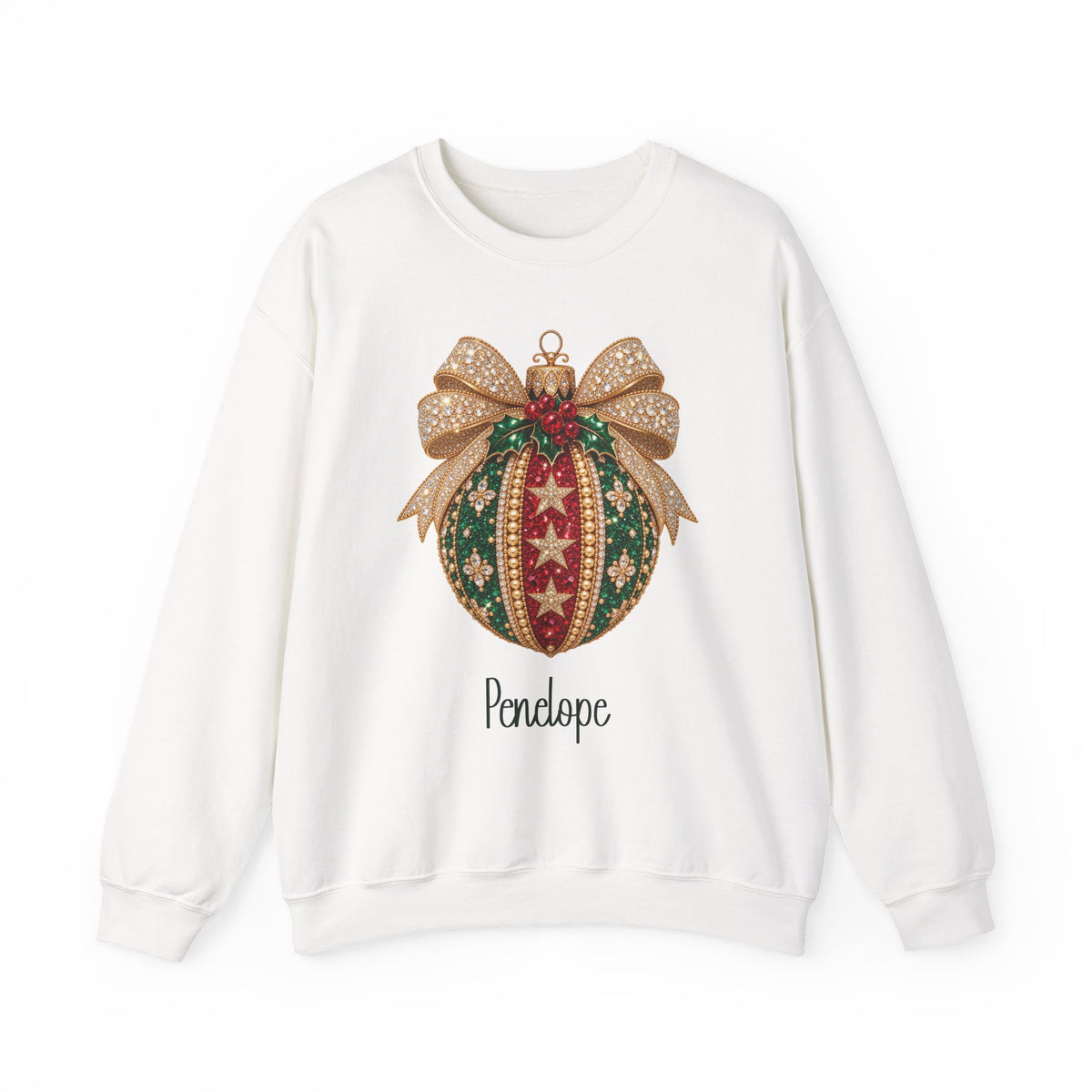 White personalized Christmas Bauble Gold Bow sweatshirt, front view