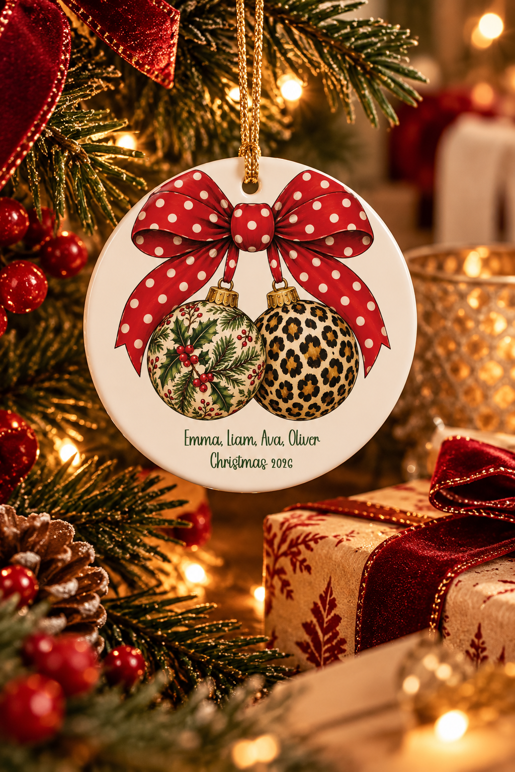 Personalized Christmas Bow & Baubles ornament on a decorated Christmas tree with red ribbon and warm lights, lifestyle photo