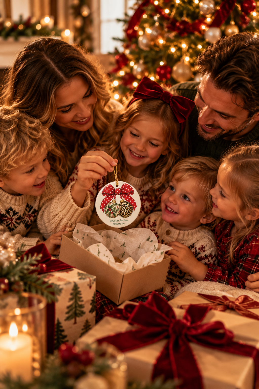 Family with children opening the Christmas Bow & Baubles ornament together