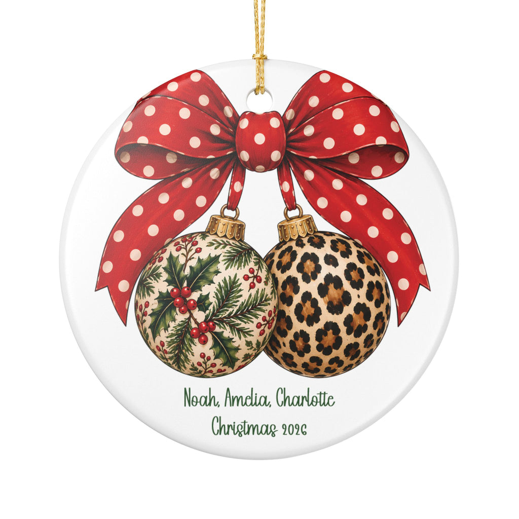 Personalized Christmas Bow & Baubles ornament with a red polka-dot bow, a holly bauble and a leopard-print bauble, front view
