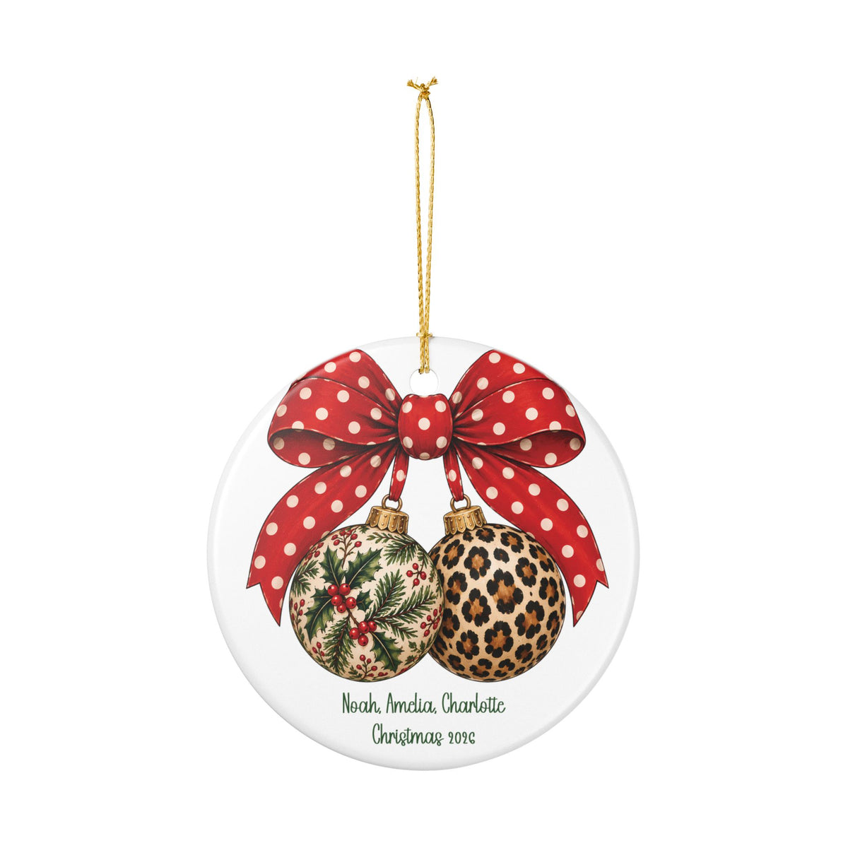 Personalized Christmas Bow & Baubles ornament hanging from its gold string