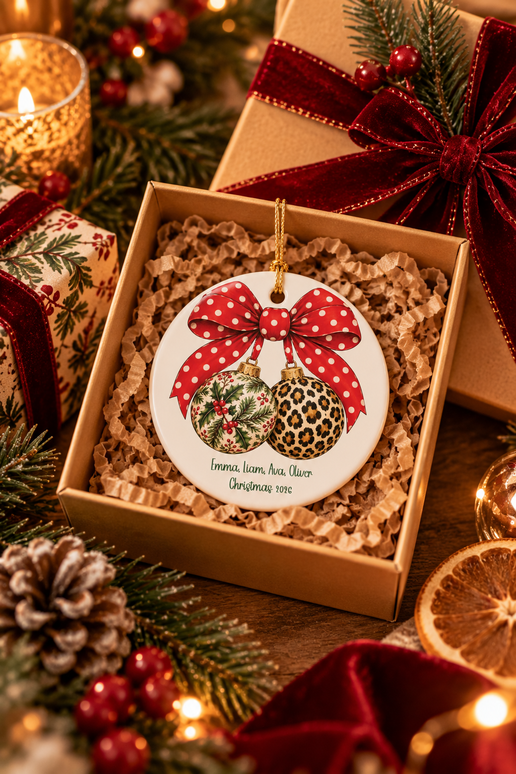 Christmas Bow & Baubles ornament nestled in a kraft gift box with crinkle paper, ready to give