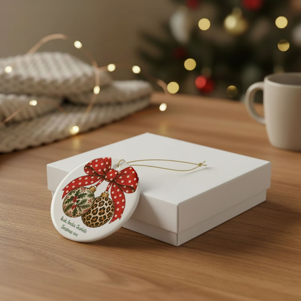 Christmas Bow & Baubles ornament leaning against a white gift box on a wooden table