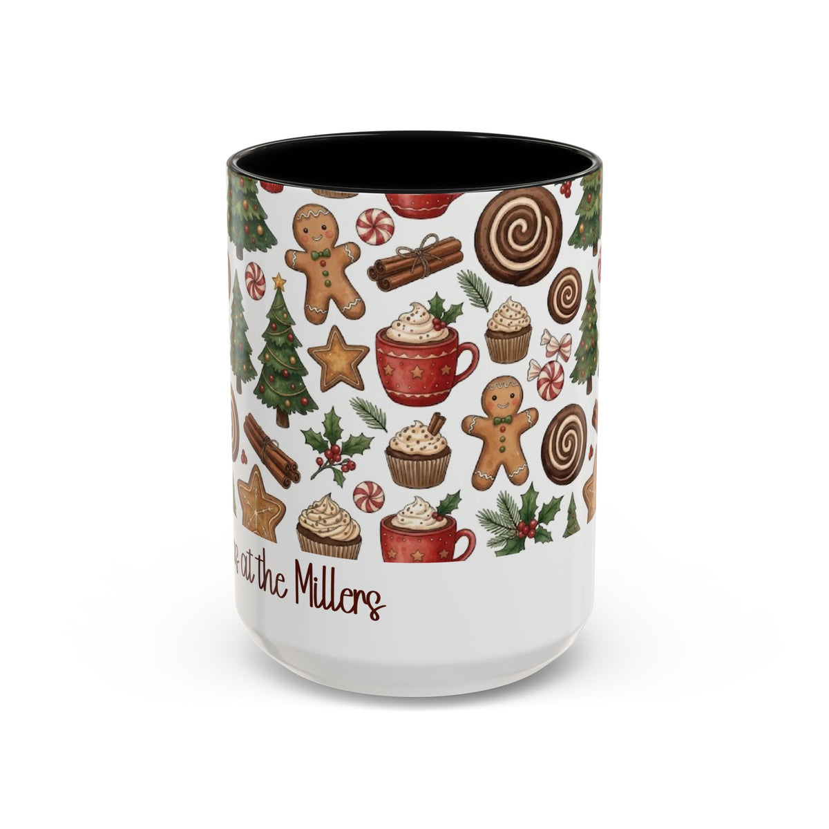 Black personalized Christmas Cookies Family mug, 15oz, front view