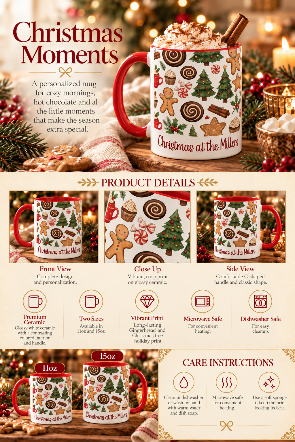 Personalized Christmas Cookies Family mug infographic with sizes, features and care instructions