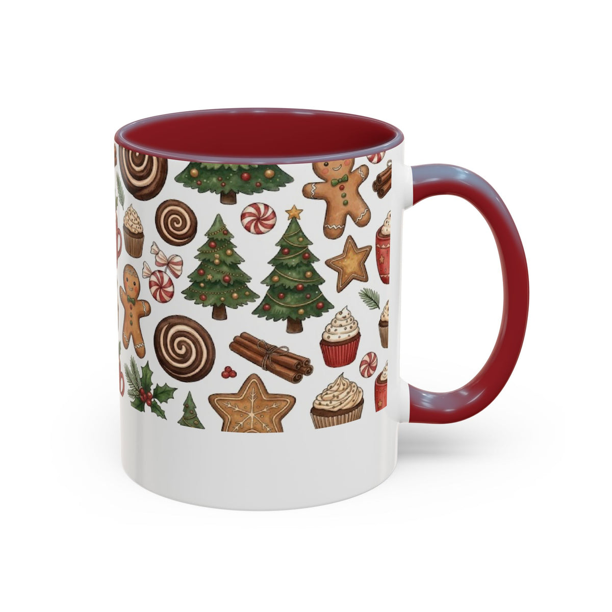 Maroon personalized Christmas Cookies Family mug, 11oz, side view with handle on the right