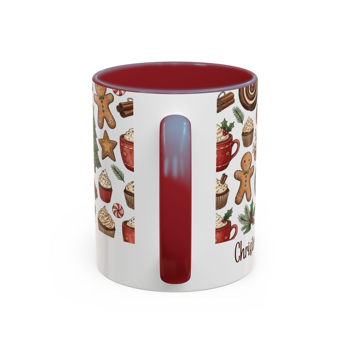 Maroon personalized Christmas Cookies Family mug, 11oz, handle view