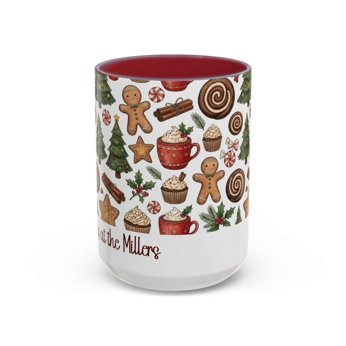 Maroon personalized Christmas Cookies Family mug, 15oz, front view