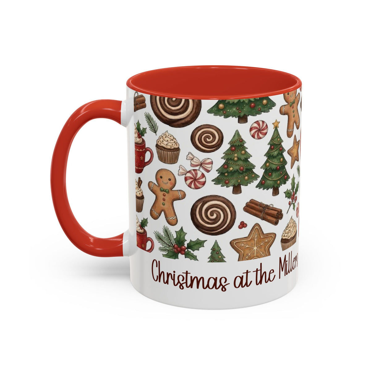 Red personalized Christmas Cookies Family mug, 11oz, side view with handle on the left