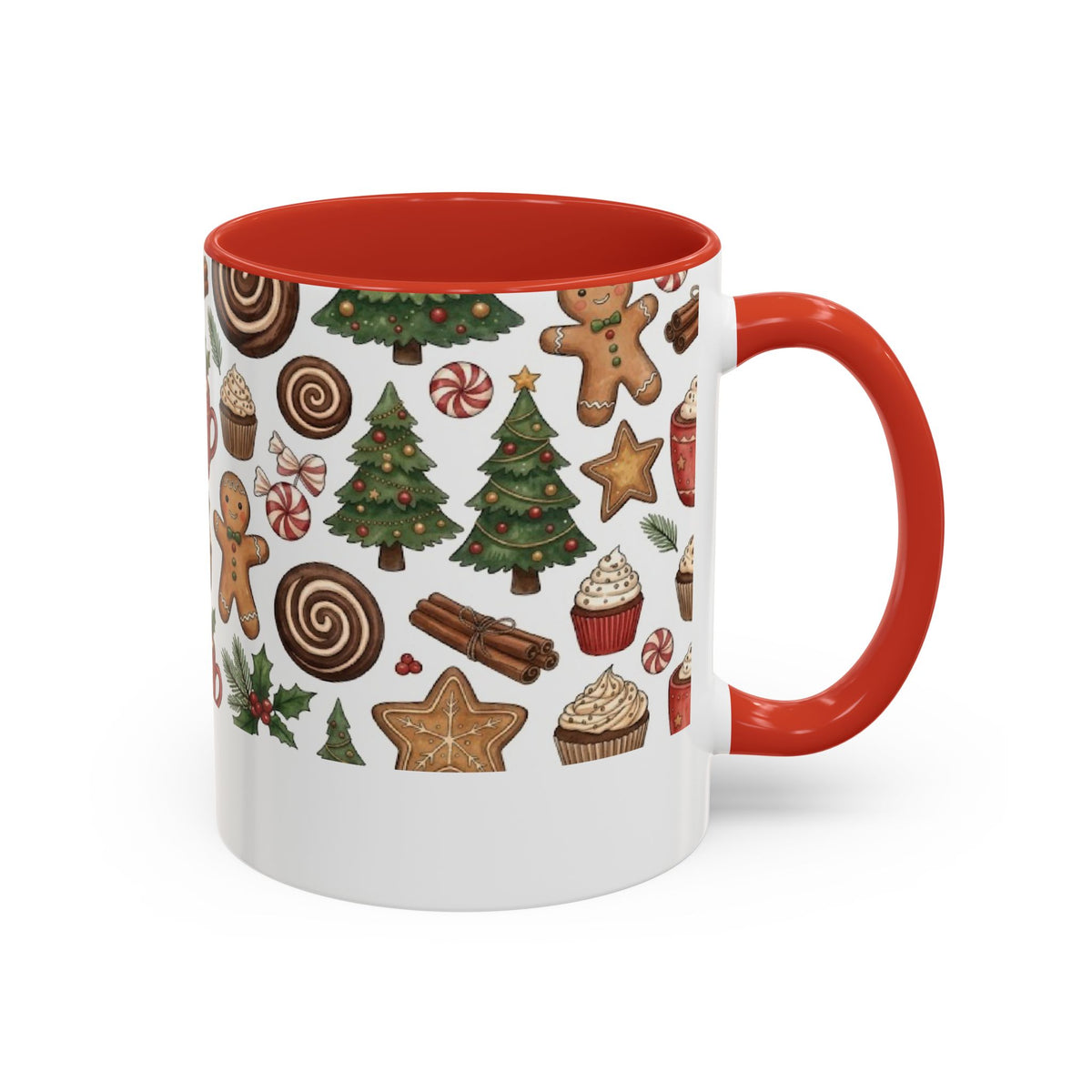 Red personalized Christmas Cookies Family mug, 11oz, side view with handle on the right