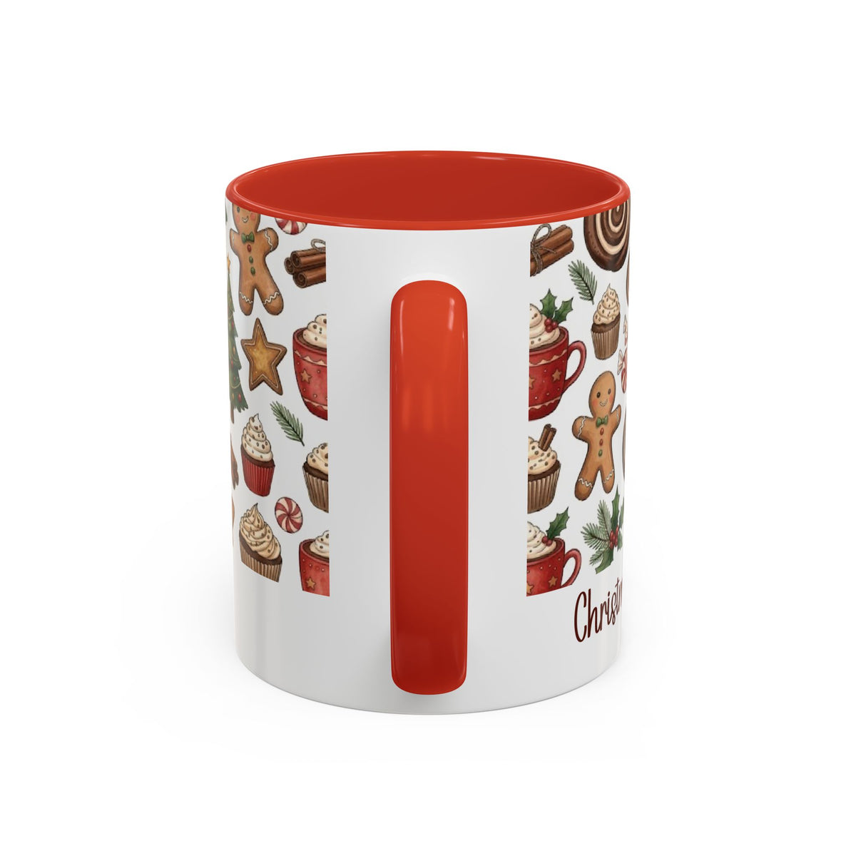 Red personalized Christmas Cookies Family mug, 11oz, handle view