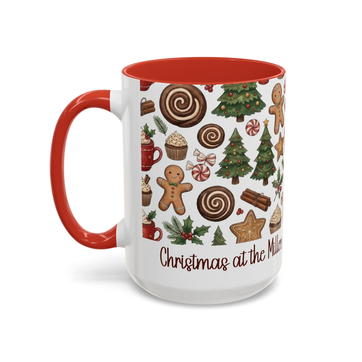 Red personalized Christmas Cookies Family mug, 15oz, side view with handle on the left