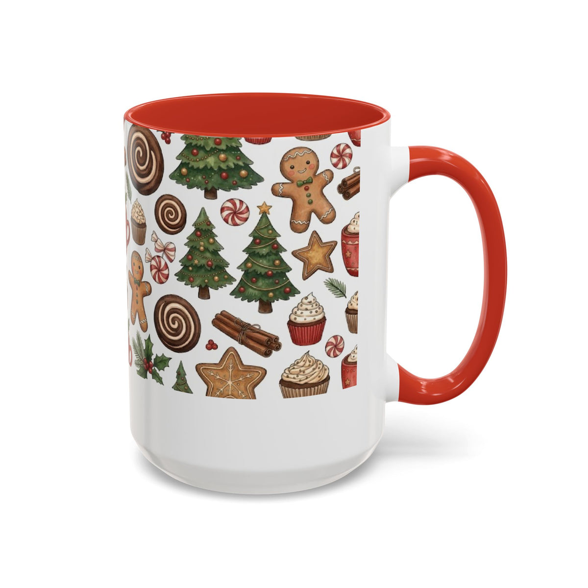 Red personalized Christmas Cookies Family mug, 15oz, side view with handle on the right