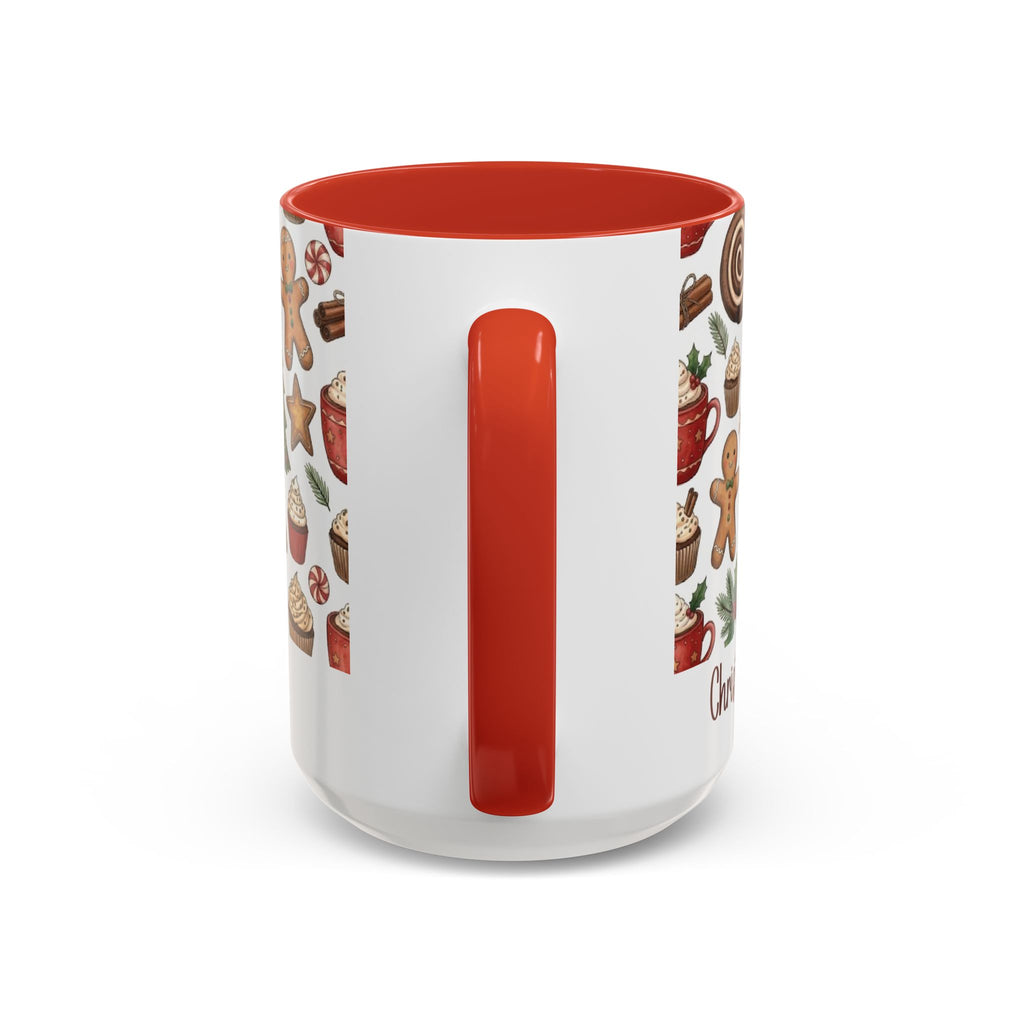 Red personalized Christmas Cookies Family mug, 15oz, handle view