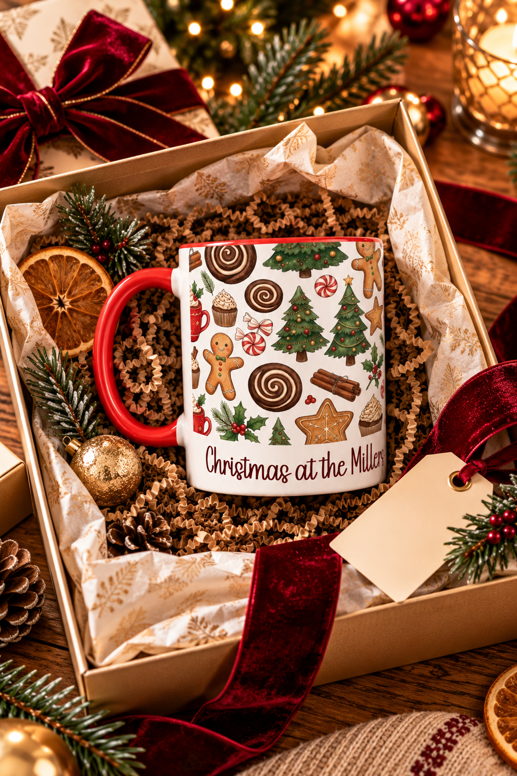Red personalized Christmas Cookies Family mug in a Christmas gift box, lifestyle photo