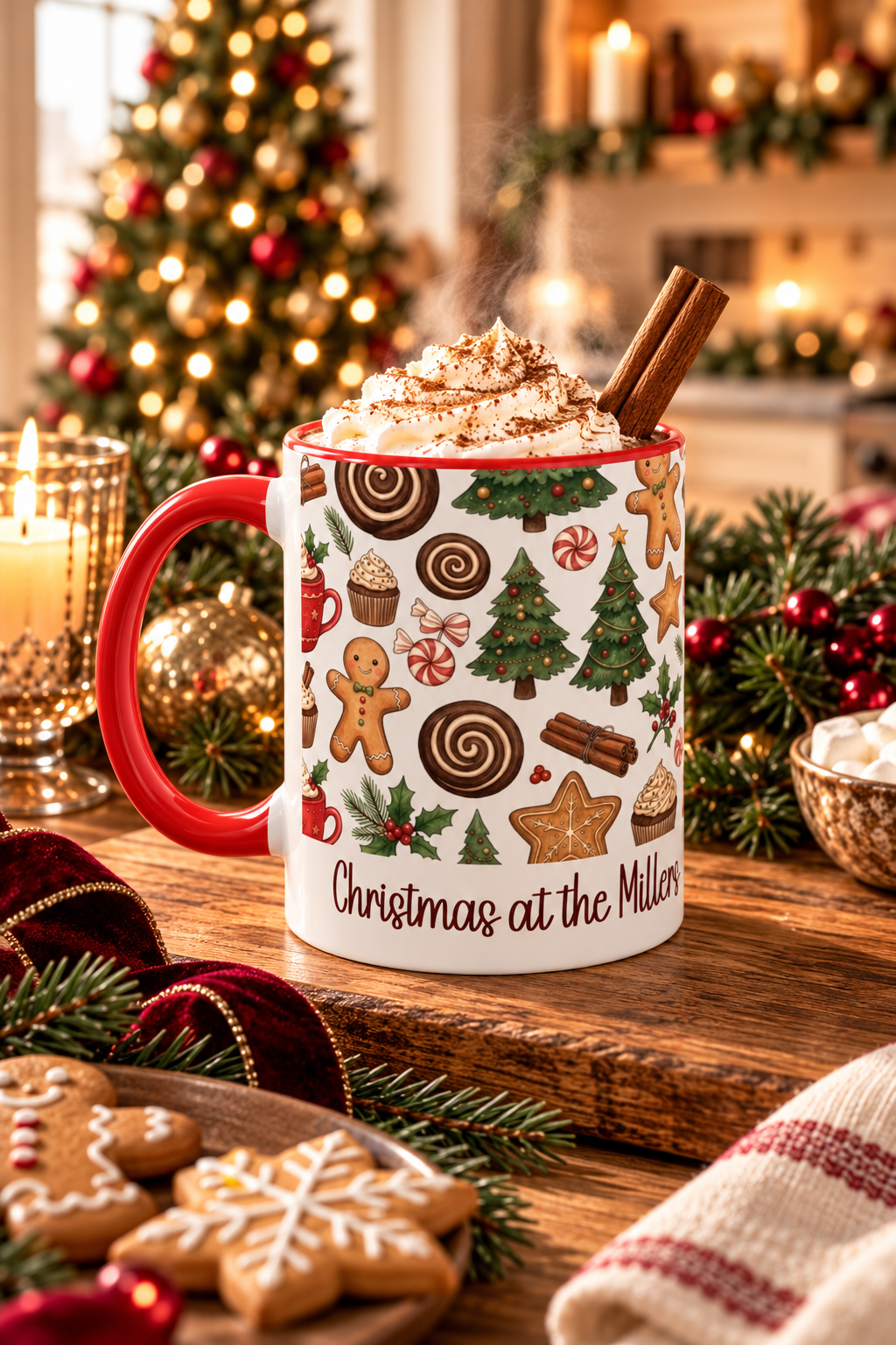 Red personalized Christmas Cookies Family mug with hot cocoa and Christmas treats, lifestyle photo