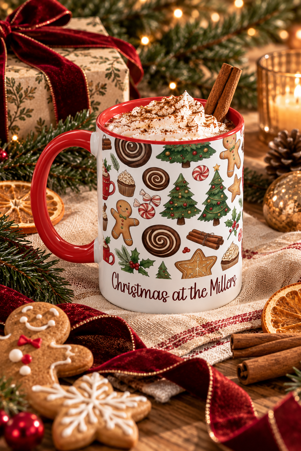 Red personalized Christmas Cookies Family mug with hot cocoa by the Christmas tree, lifestyle photo