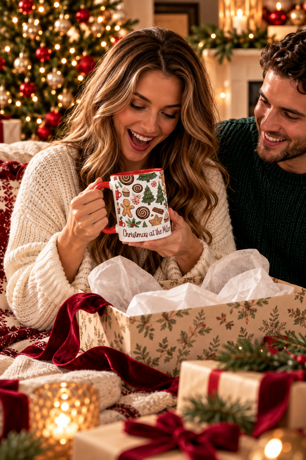 Red personalized Christmas Cookies Family mug being unwrapped as a Christmas gift, lifestyle photo