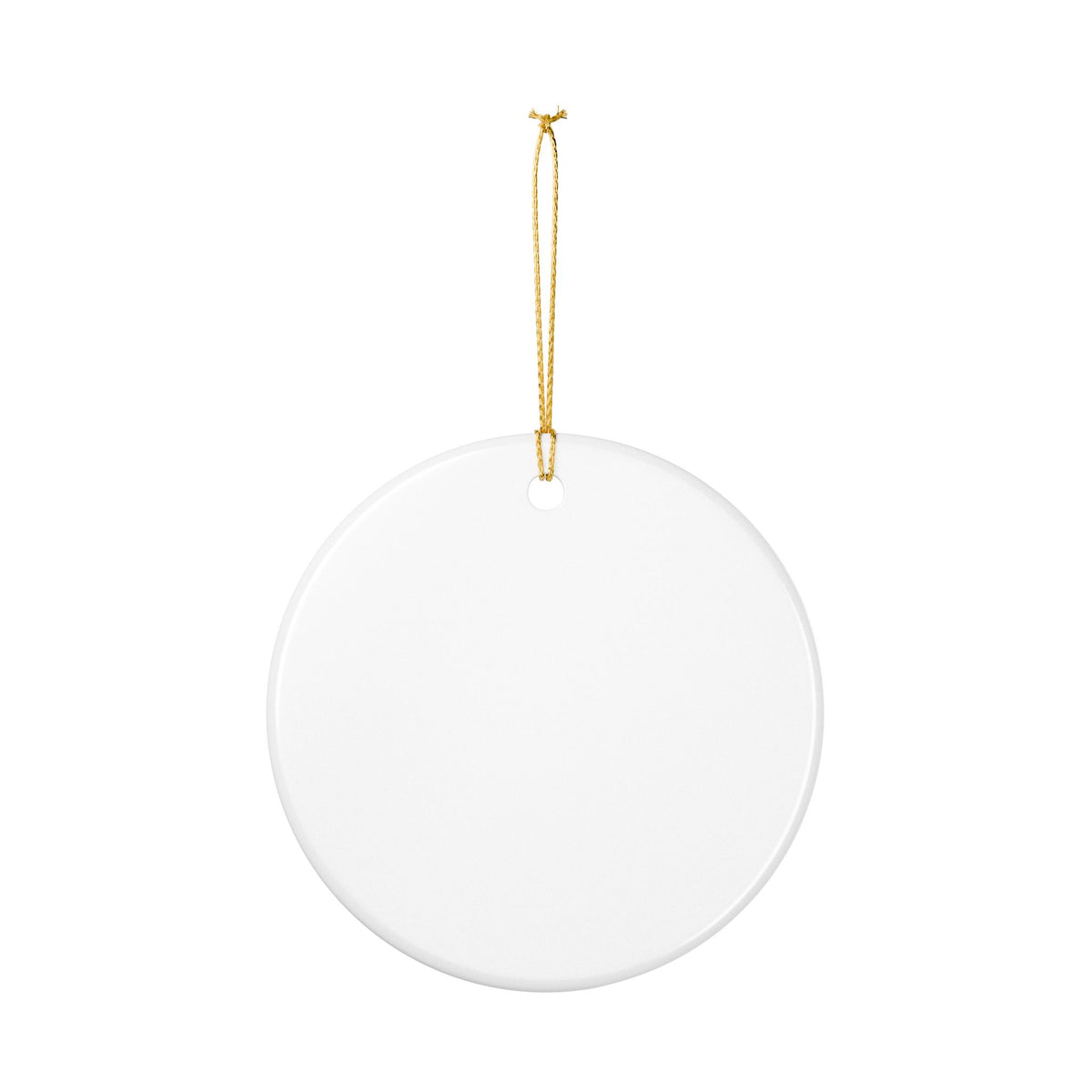 Plain glossy back of the ceramic ornament hanging from its gold string