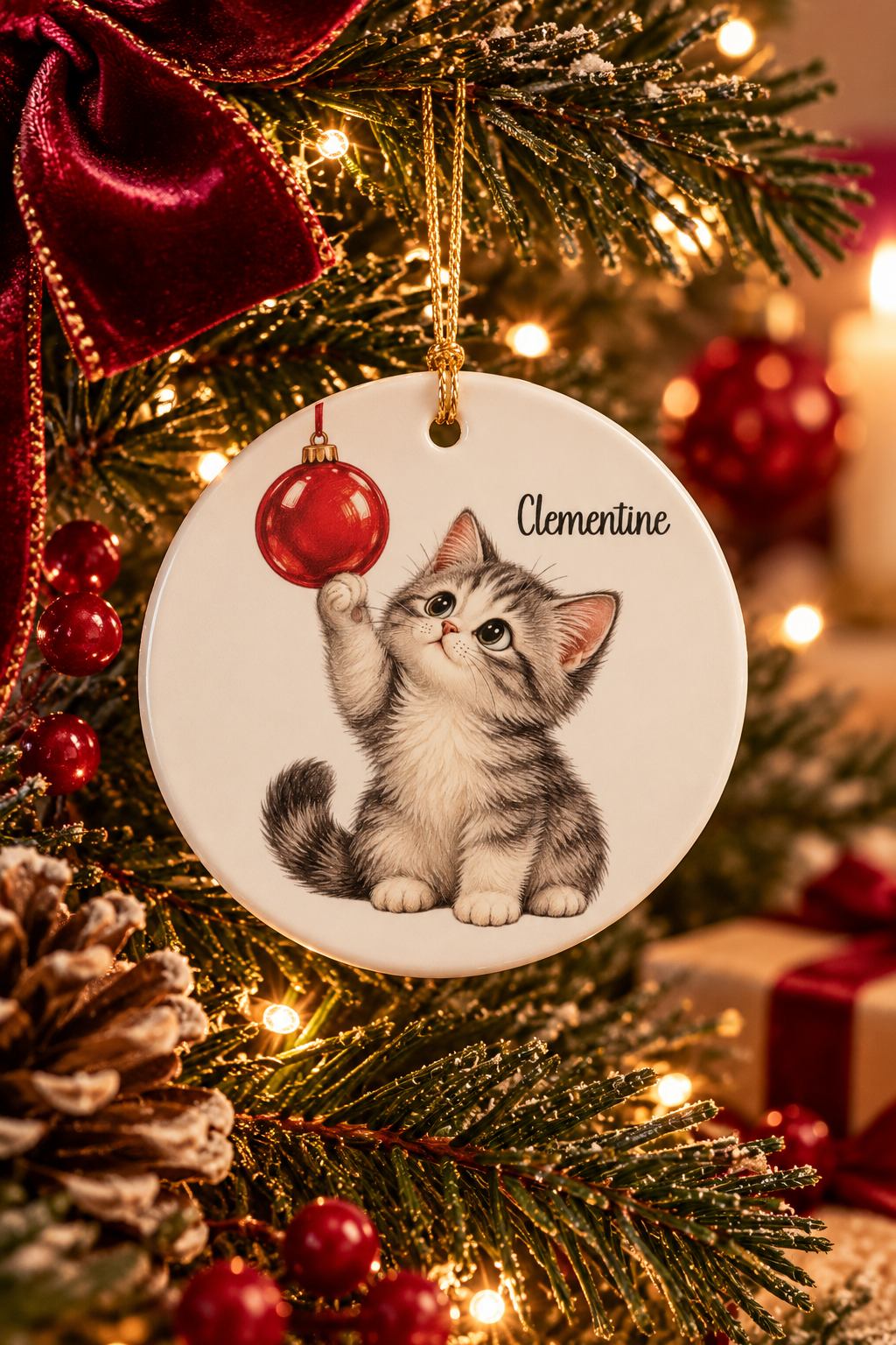 Personalized Christmas Kitten ornament on a decorated Christmas tree with red ribbon and warm lights, lifestyle photo