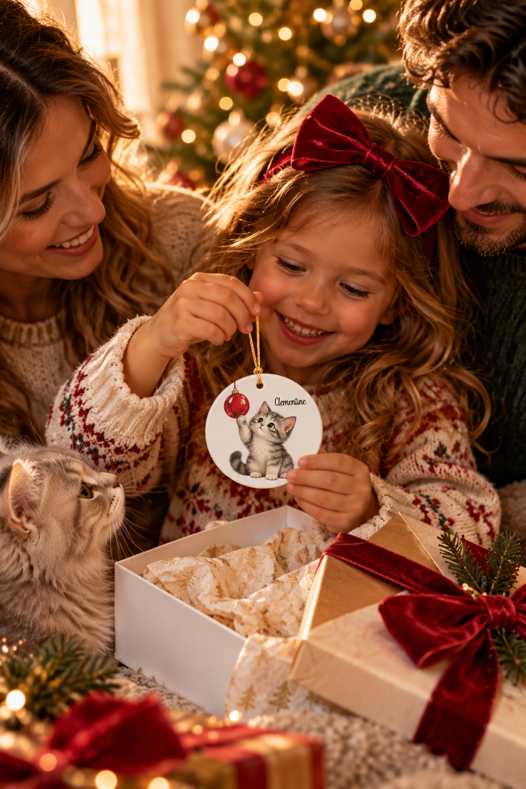 Little girl opening the personalized Christmas Kitten ornament with her family