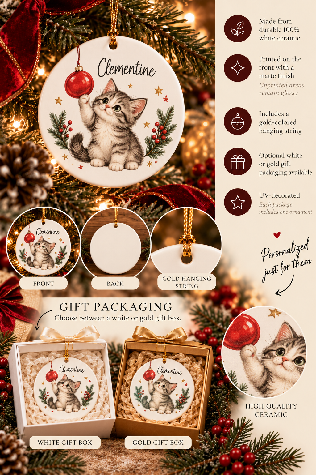Personalized Christmas Kitten ornament infographic with features, gift packaging options and care instructions