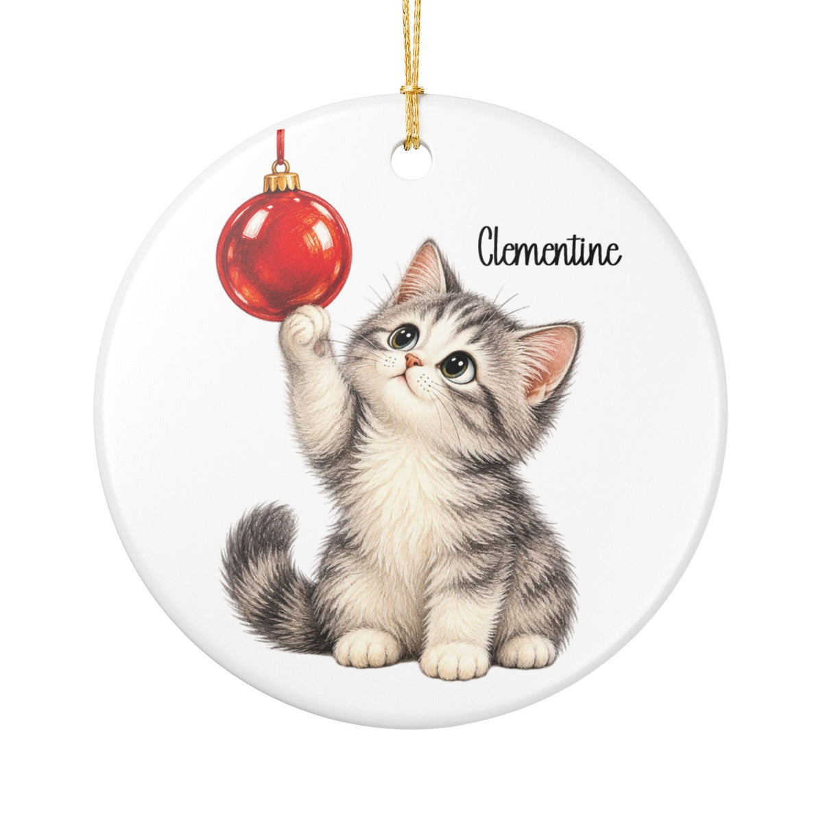 Personalized Christmas Kitten ornament with a gray tabby kitten batting a red Christmas bauble, front view