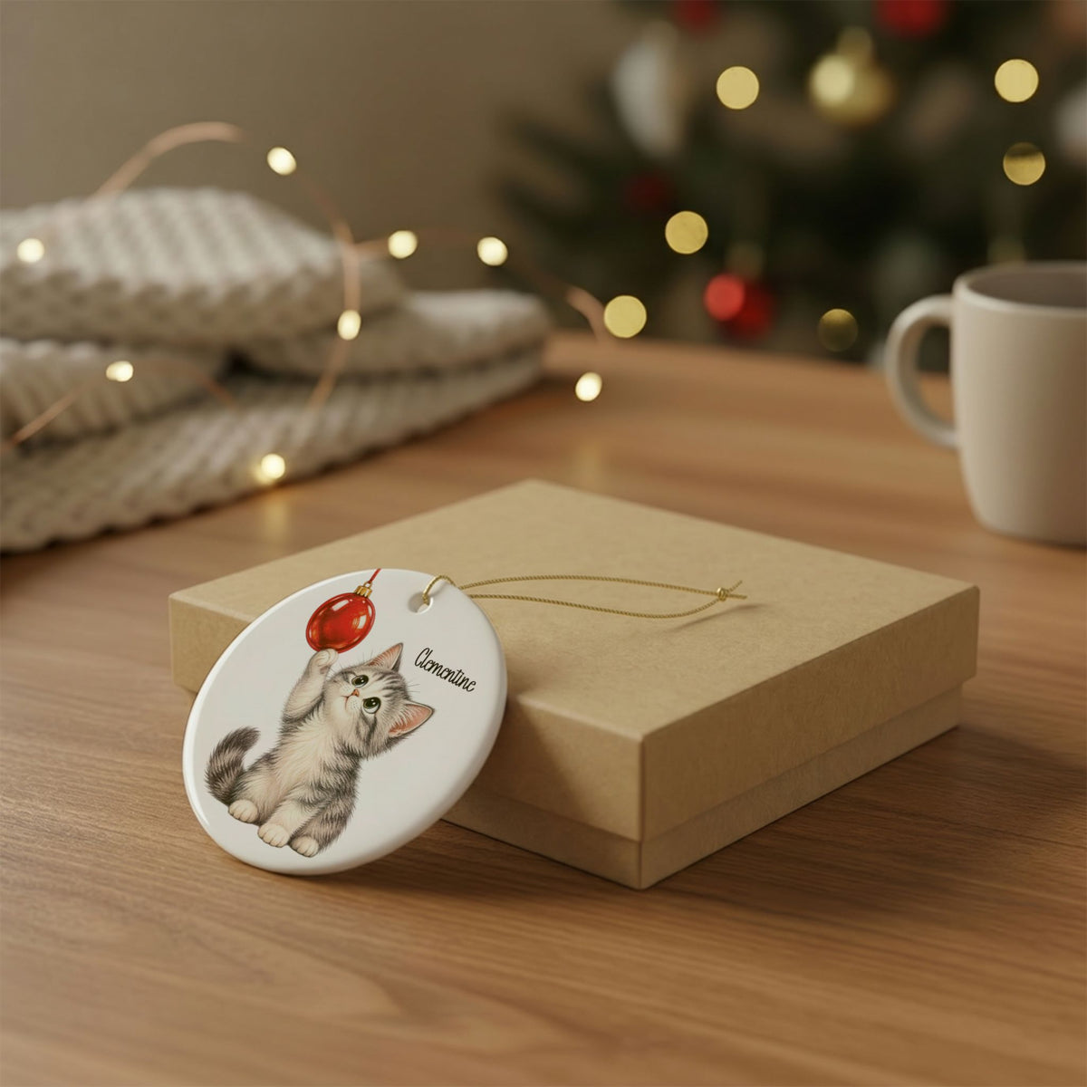 Personalized kitten Christmas ornament resting on a kraft gift box beside a mug and knit throw
