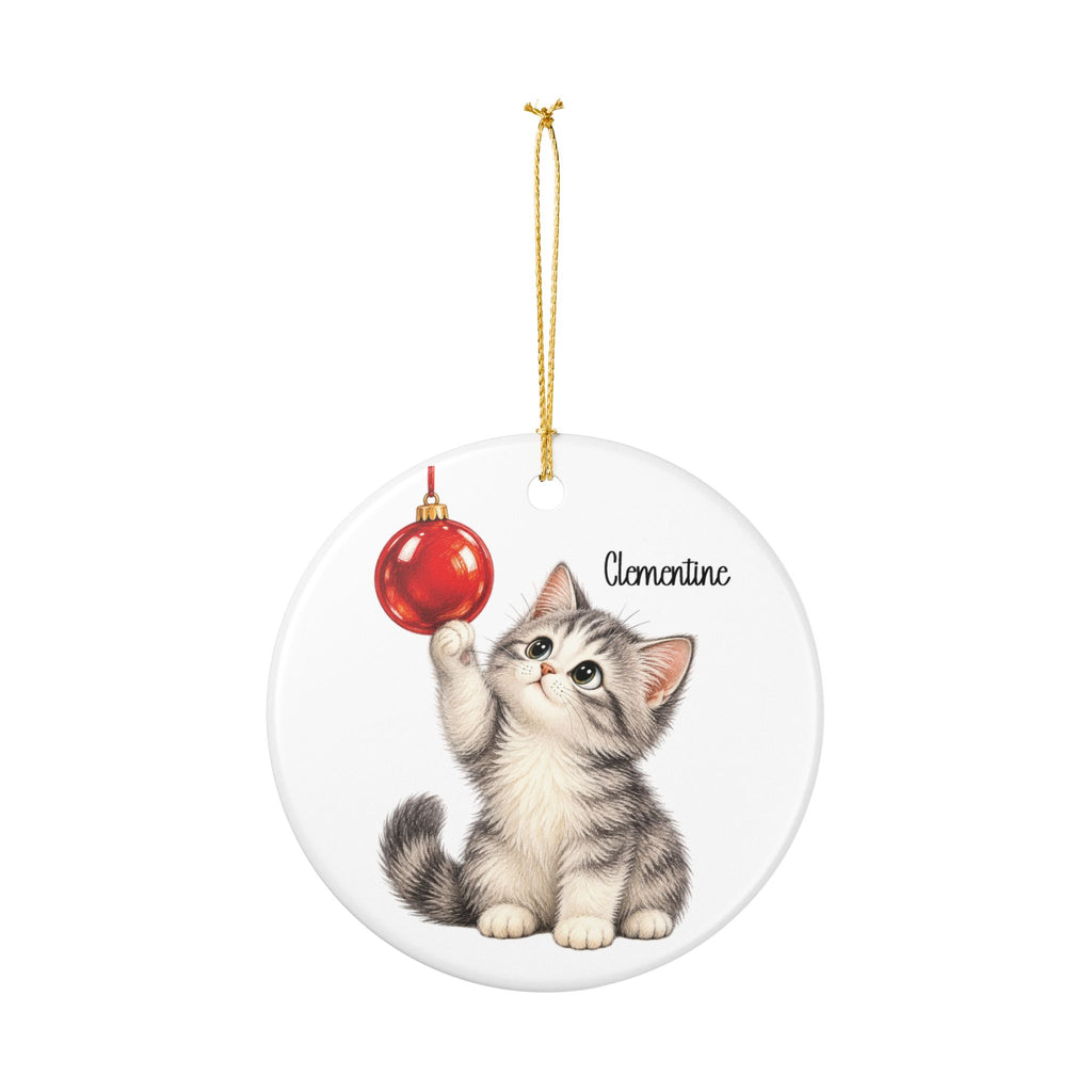 Personalized Christmas Kitten ornament hanging from its gold string