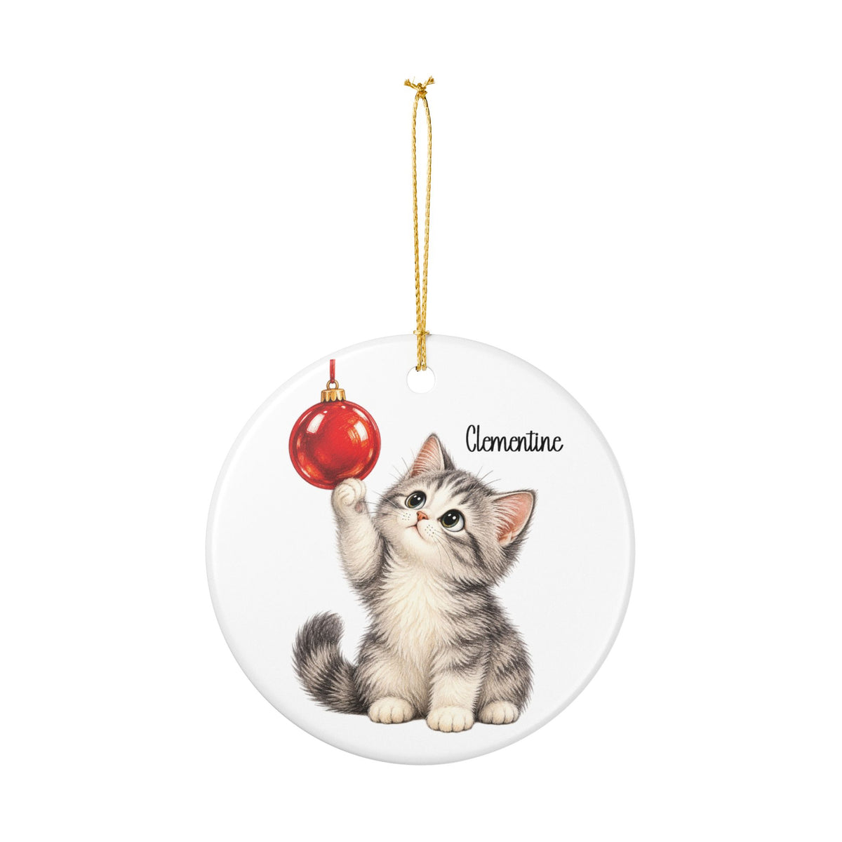 Personalized Christmas Kitten ornament hanging from its gold string