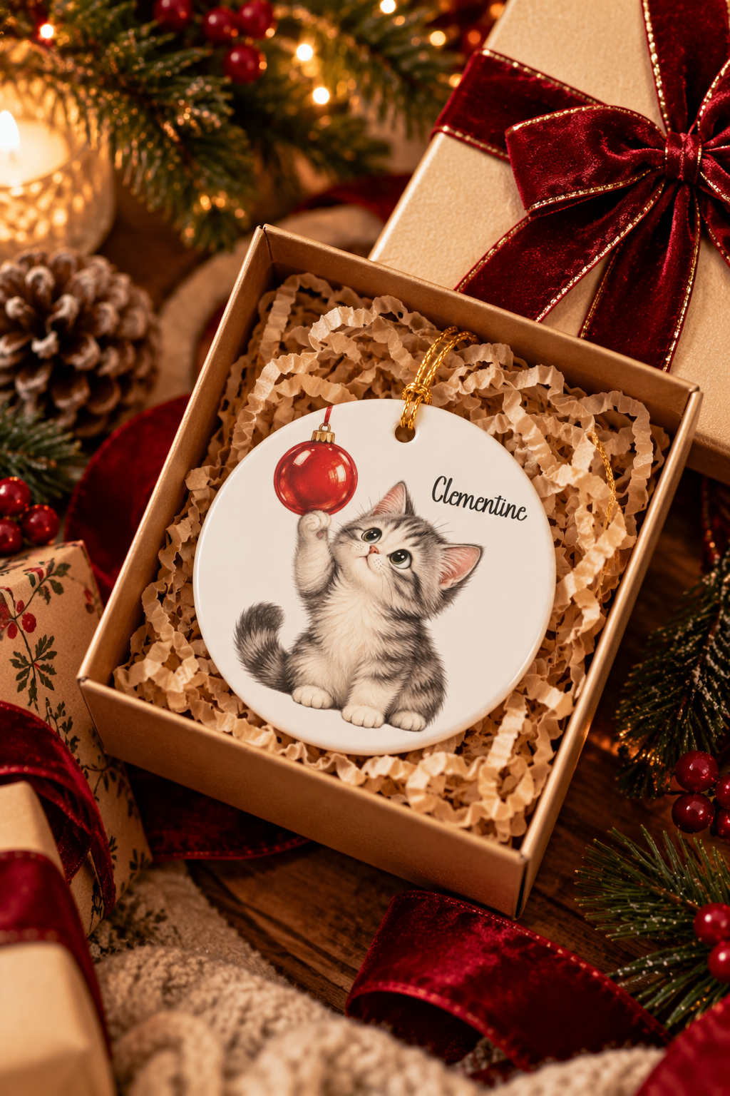 Christmas Kitten ornament nestled in a kraft gift box with crinkle paper, ready to give