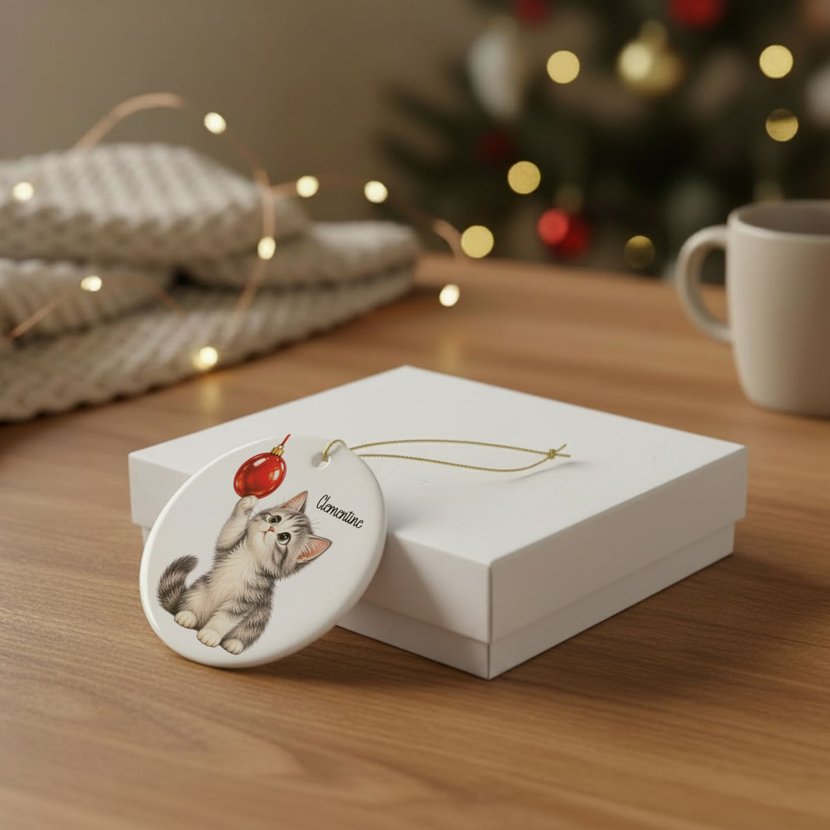 Christmas Kitten ornament leaning against a white gift box on a wooden table