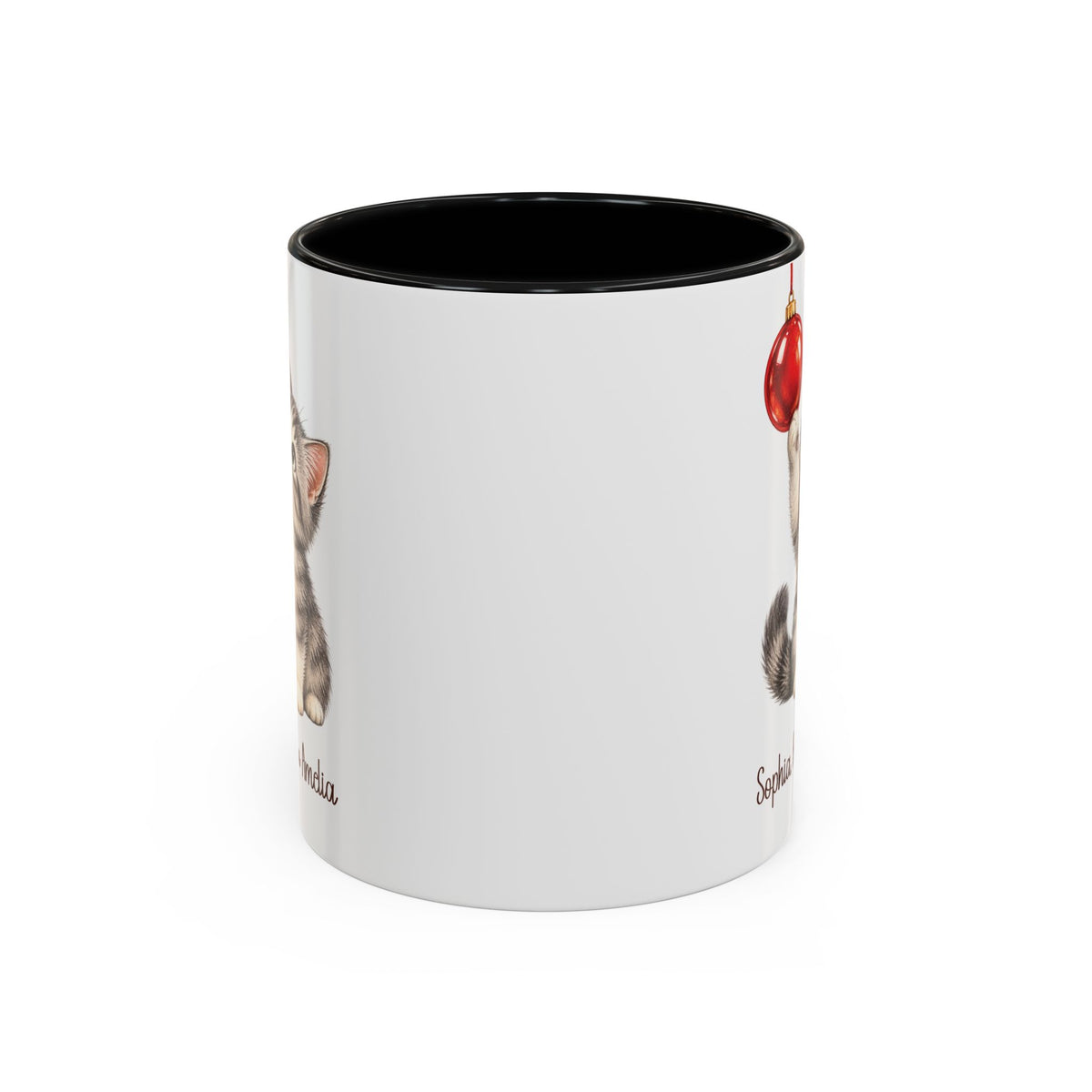 Black personalized Christmas Kitten mug, 11oz, back view