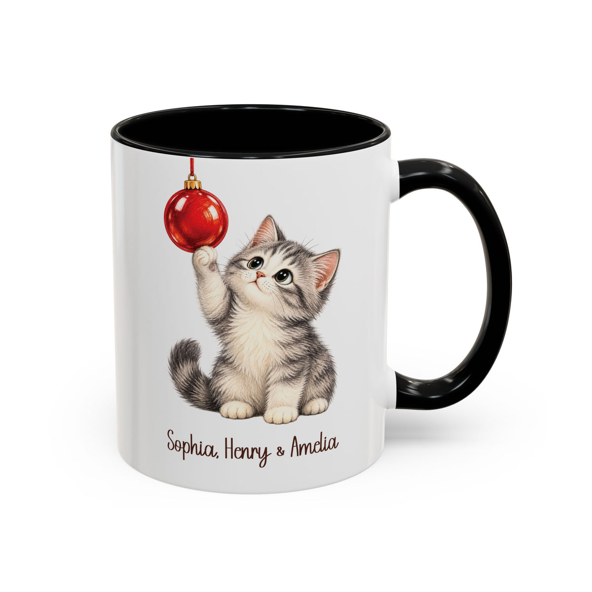 Black personalized Christmas Kitten mug, 11oz, design side with handle on the right