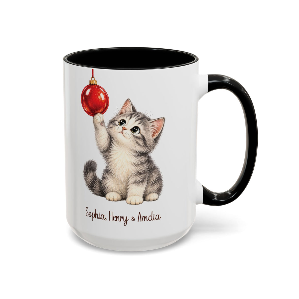 Black personalized Christmas Kitten mug, 15oz, design side with handle on the right