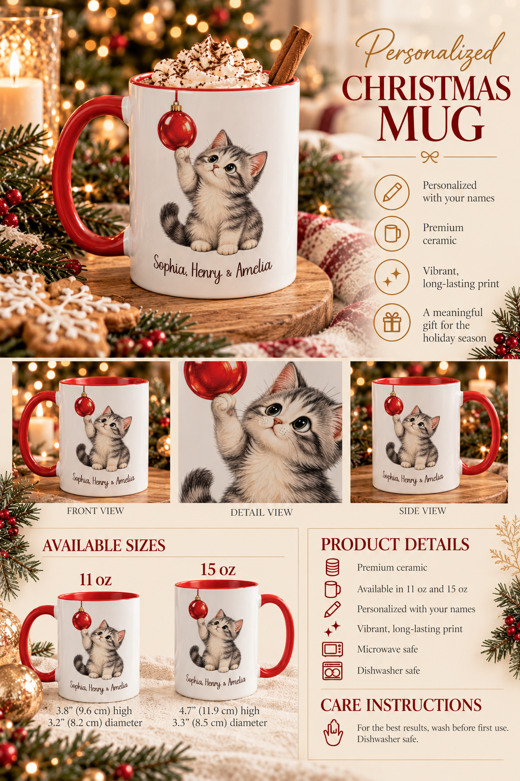 Personalized Christmas Kitten mug infographic with sizes, features and care instructions